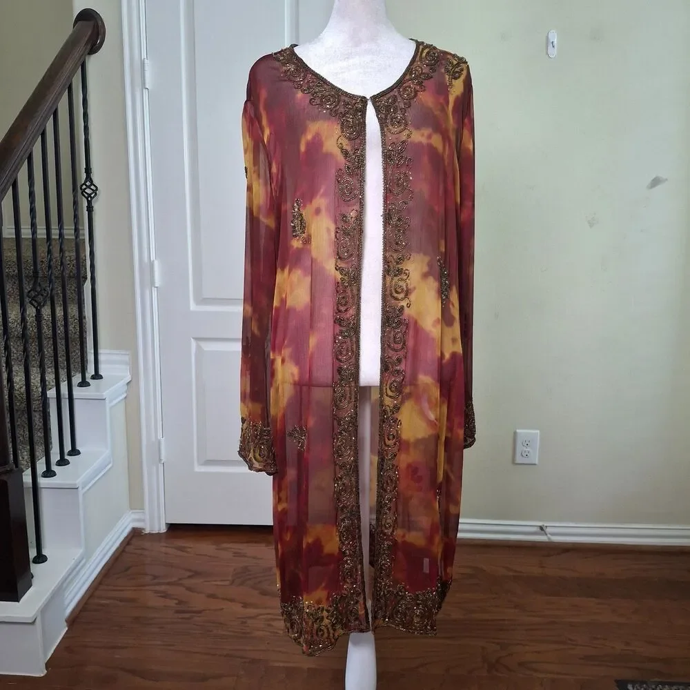INDIGO MOON Beaded Long Open Duster Kimono Tie Dye Gold Red Medium Boho Vacation